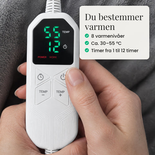 Kontroll med 8 varmenivåer og timer fra 1 til 12 timer