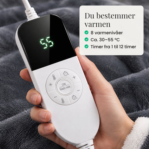 Kontroll med 8 varmenivåer og timer fra 1 til 12 timer